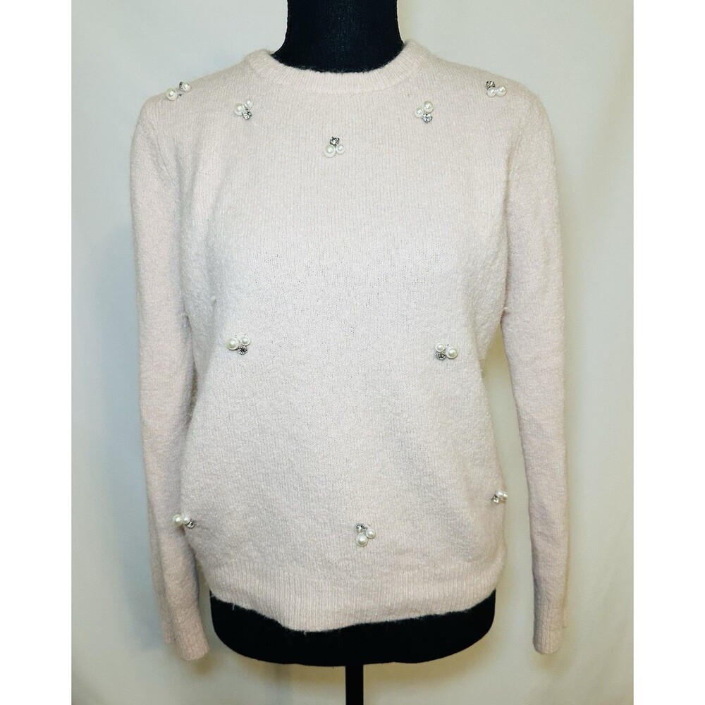 Who What Wear Wool Blend Light Pink Embellished Pearls Jeweled Sweater MEDIUM